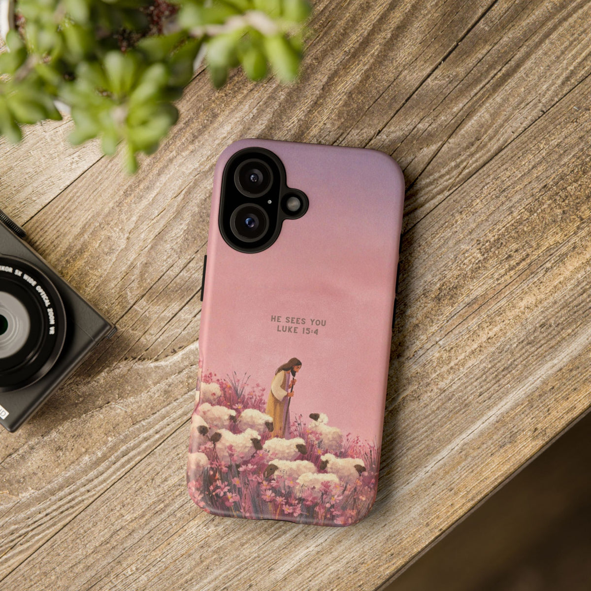 Christelijk telefoonhoesje Hij ziet jou roze mat