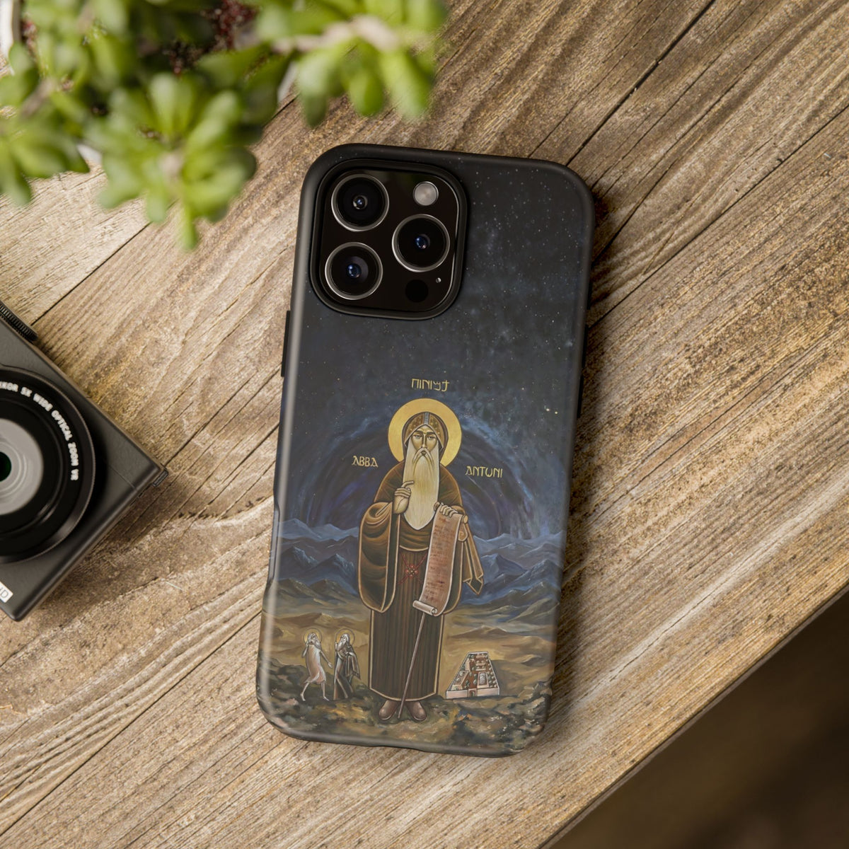 Christelijk telefoonhoesje Sint-Antonius de Grote donkerblauw mat