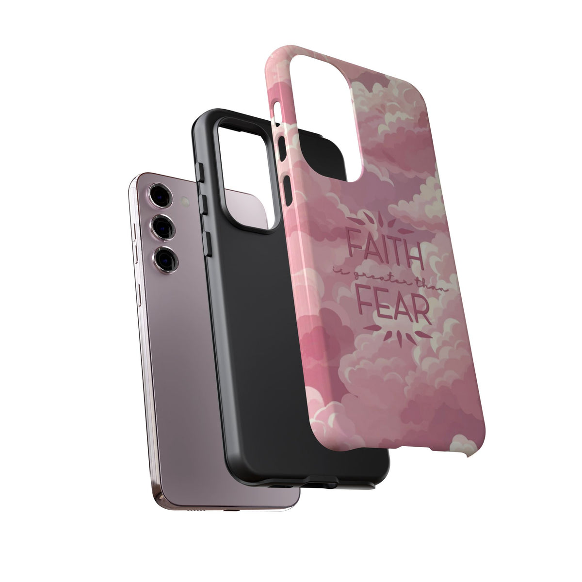 Christelijk telefoonhoesje Geloof is sterker dan angst roze mat