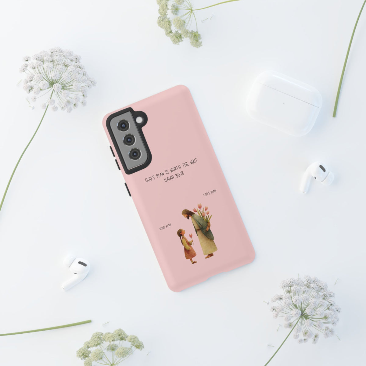 Christelijk telefoonhoesje Gods plan is beter roze mat