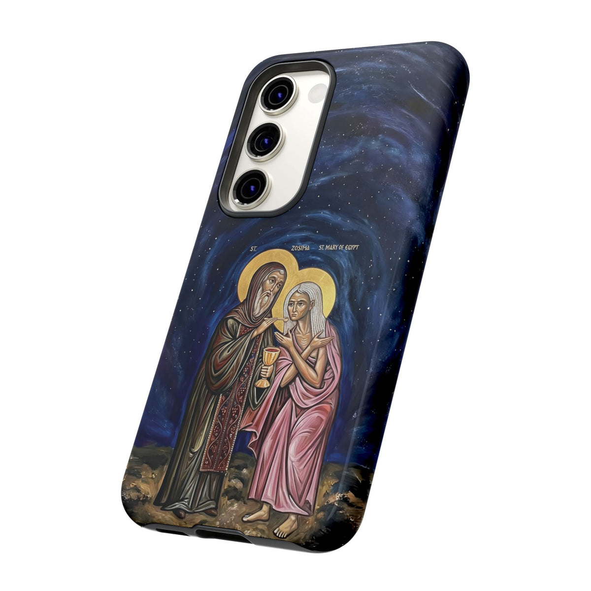 Christelijk telefoonhoesje Maria van Egypte en Sint-Zosimas donkerblauw mat