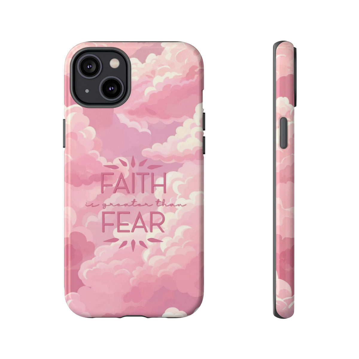 Christelijk telefoonhoesje Geloof is sterker dan angst roze mat