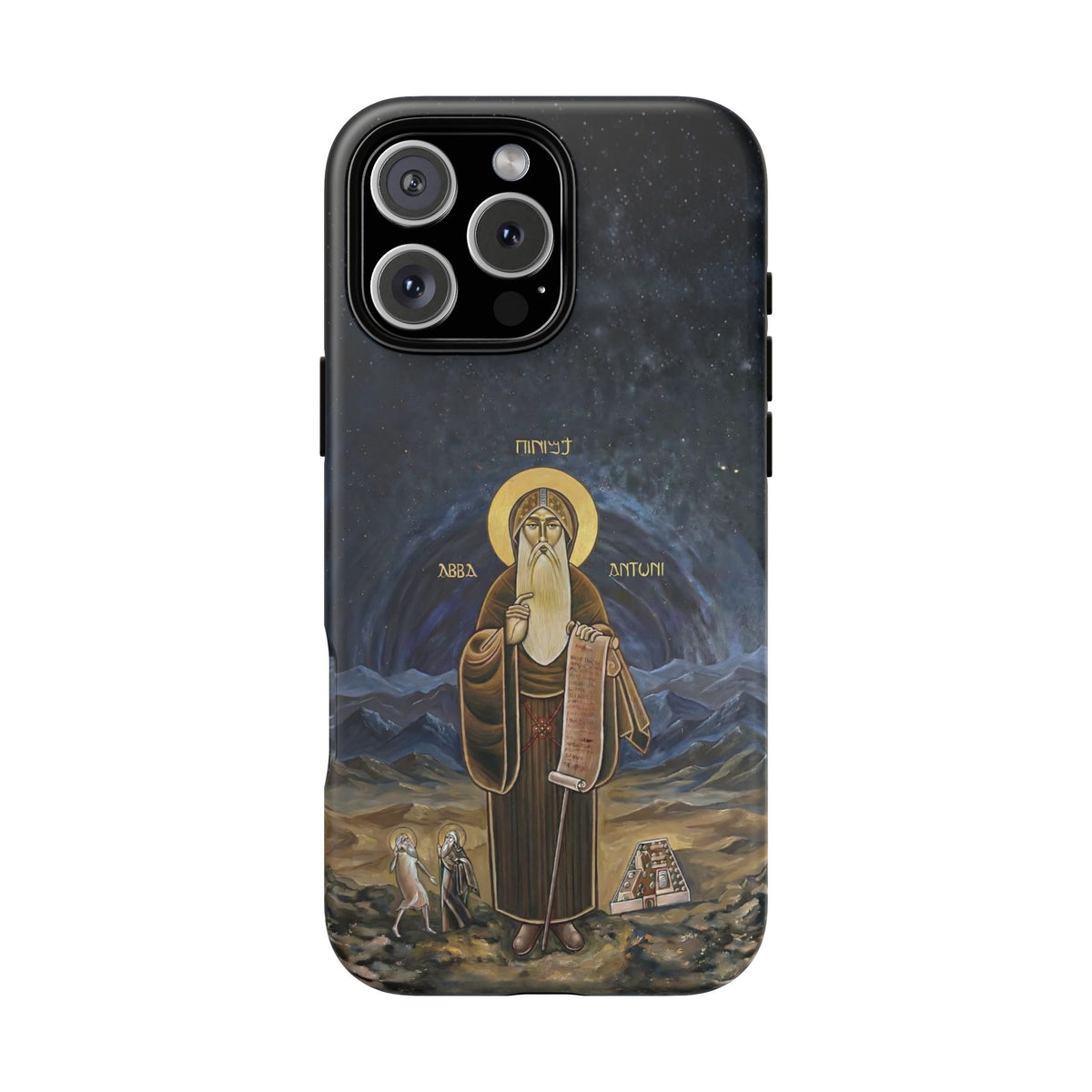 Christelijk telefoonhoesje Sint-Antonius de Grote donkerblauw mat