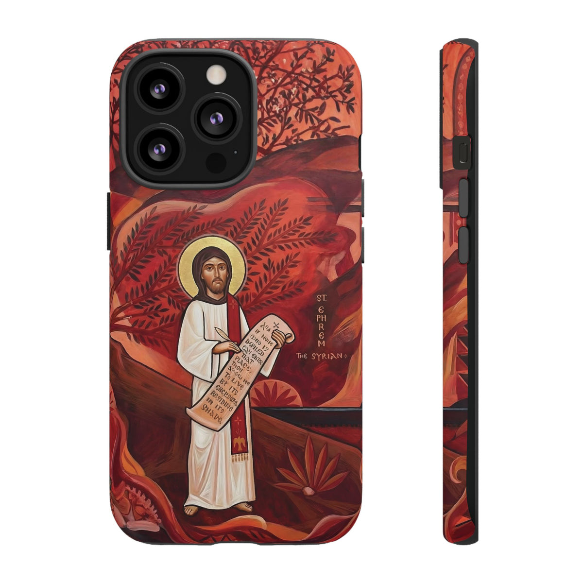 Christelijk telefoonhoesje Sint-Efrem de Syriër rood mat