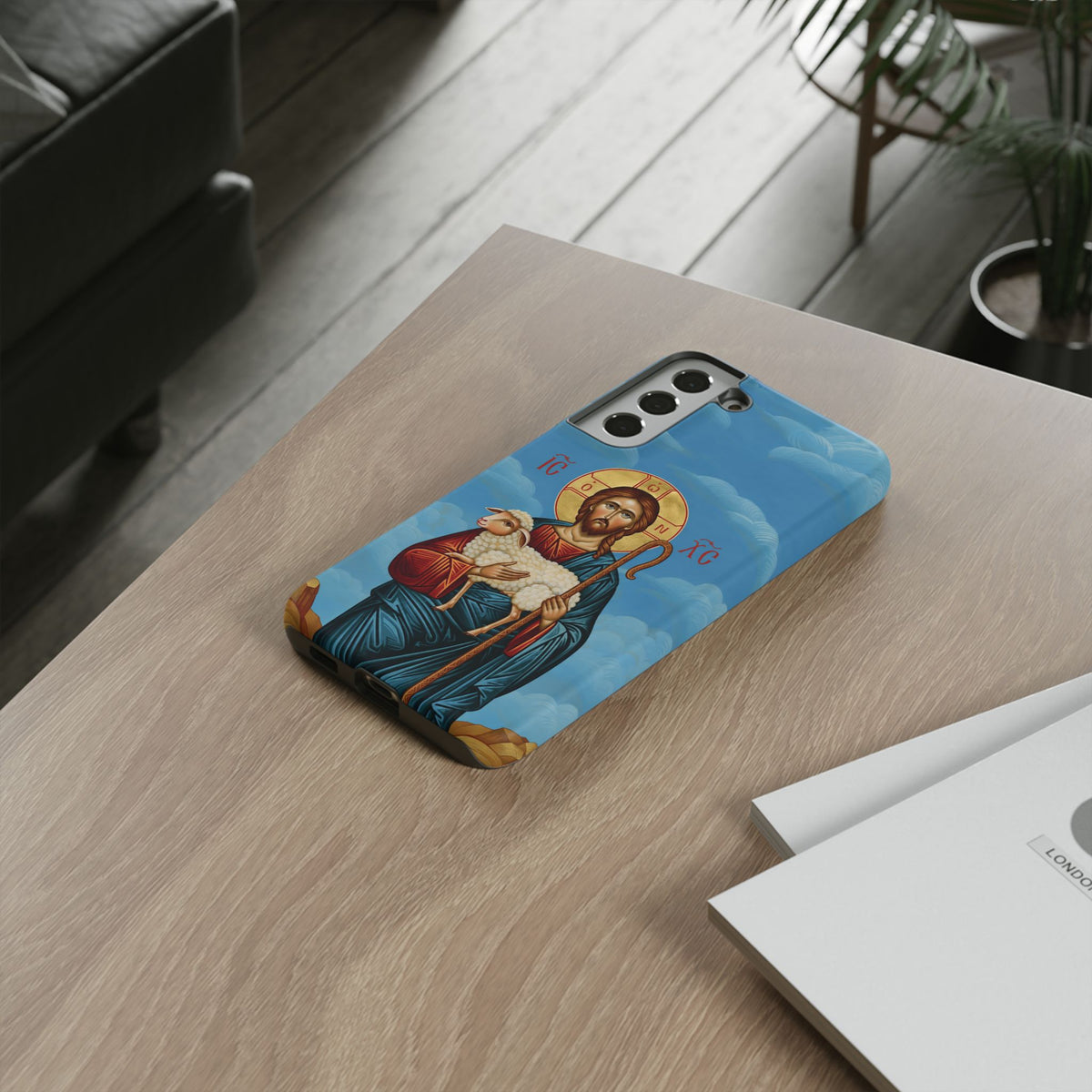 Christelijk telefoonhoesje De Goede Herder blauw mat