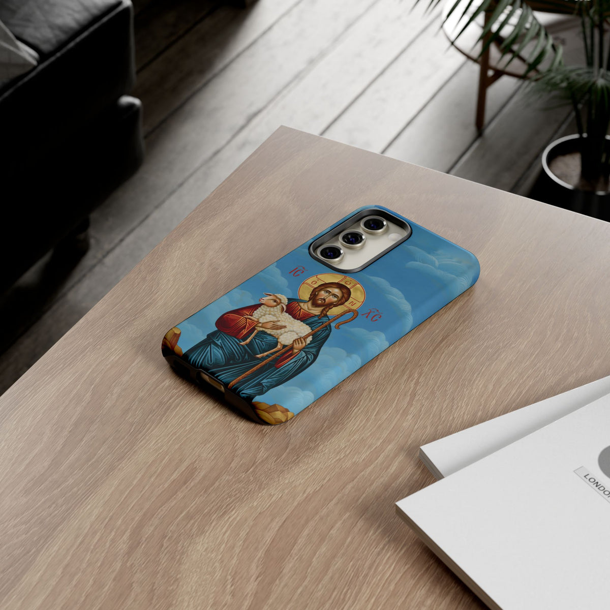 Christelijk telefoonhoesje De Goede Herder blauw mat