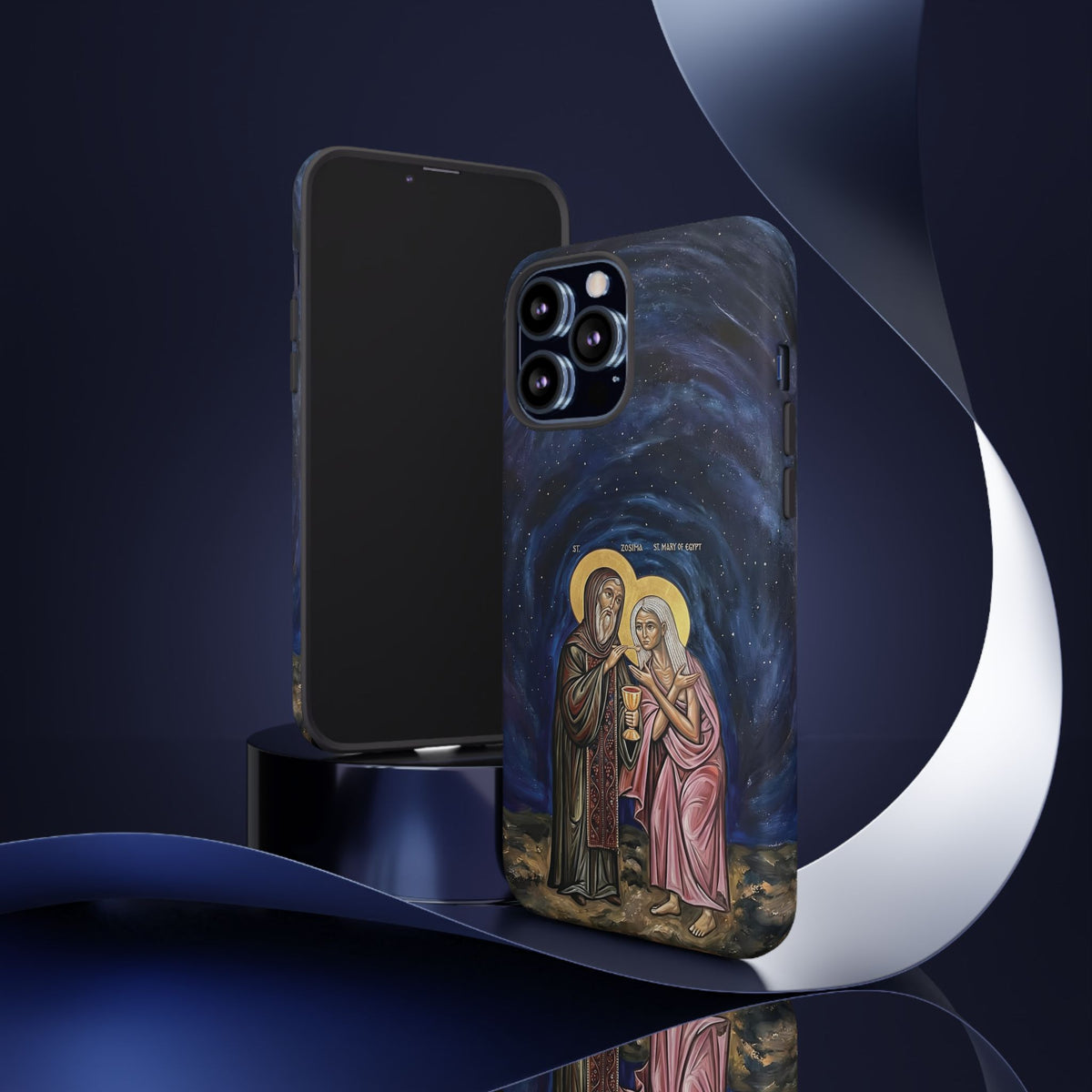 Christelijk telefoonhoesje Maria van Egypte en Sint-Zosimas donkerblauw mat