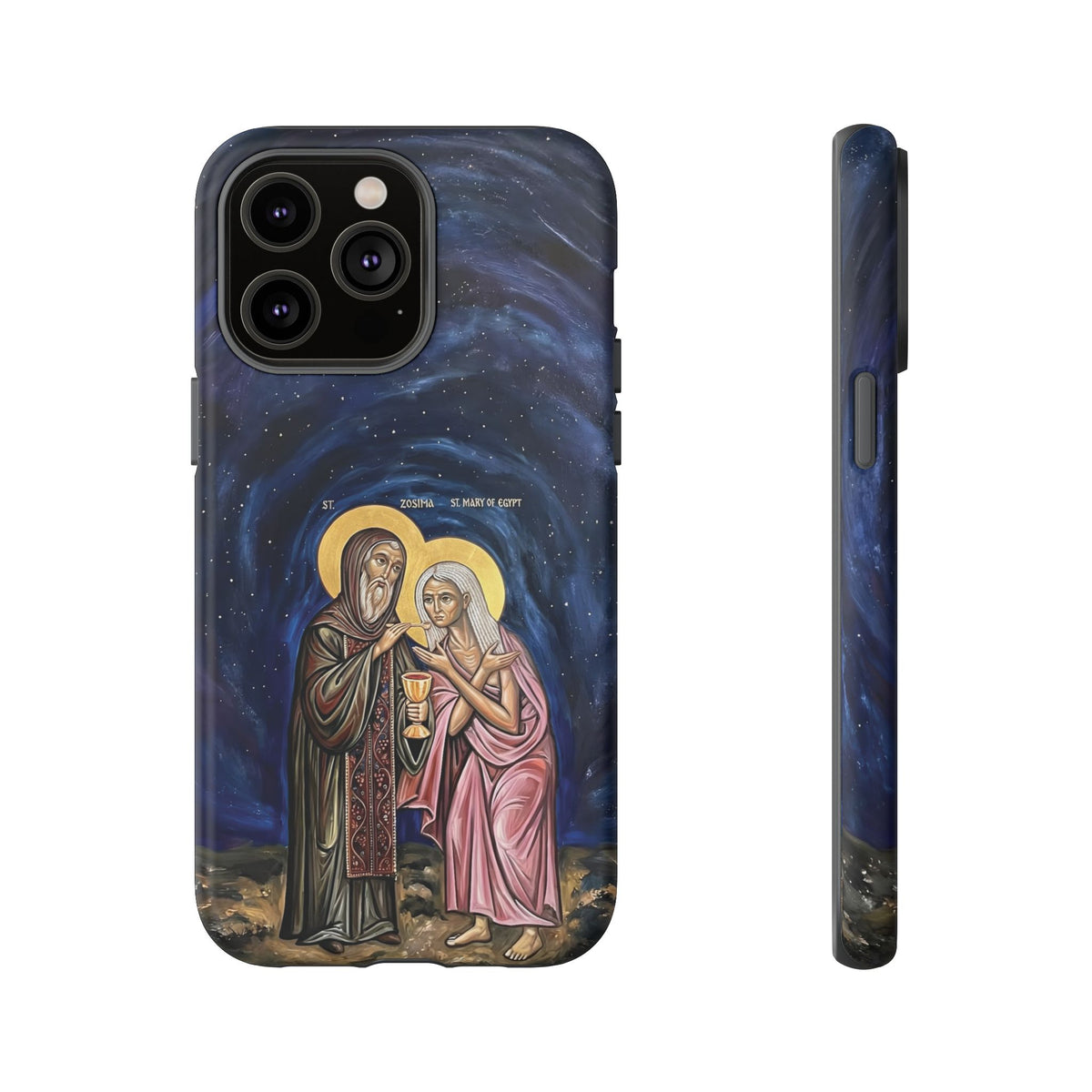 Christelijk telefoonhoesje Maria van Egypte en Sint-Zosimas donkerblauw mat