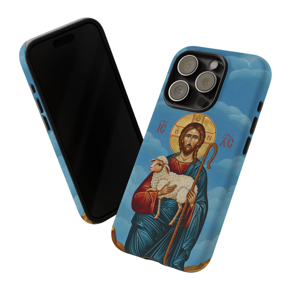 Christelijk telefoonhoesje De Goede Herder blauw mat