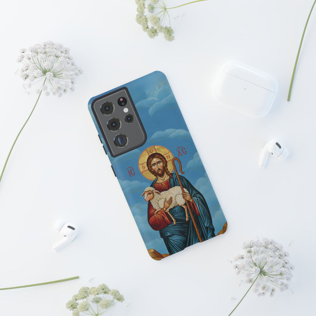 Christelijk telefoonhoesje De Goede Herder blauw mat