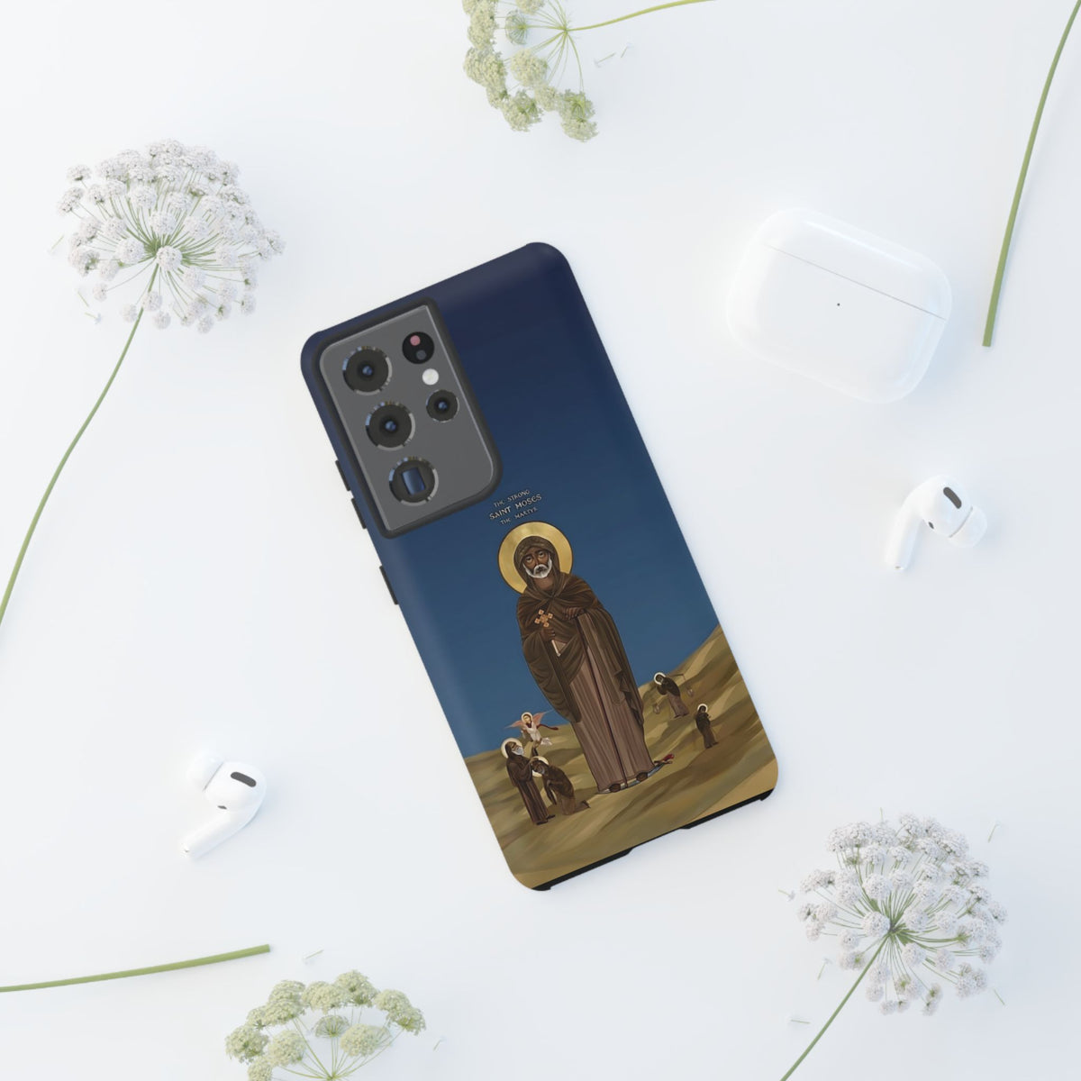 Christelijk telefoonhoesje Sint-Mozes de Sterke blauw mat