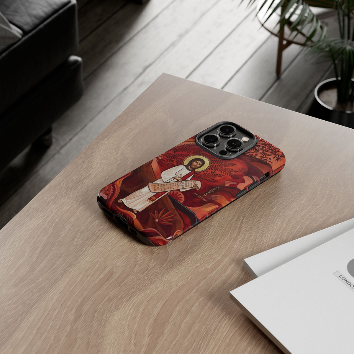 Christelijk telefoonhoesje Sint-Efrem de Syriër rood mat