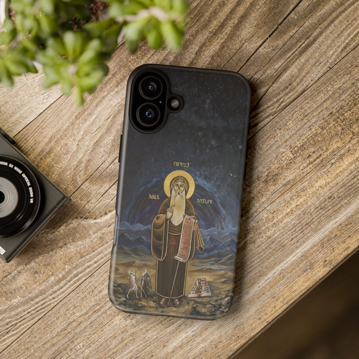 Christelijk telefoonhoesje Sint-Antonius de Grote donkerblauw mat