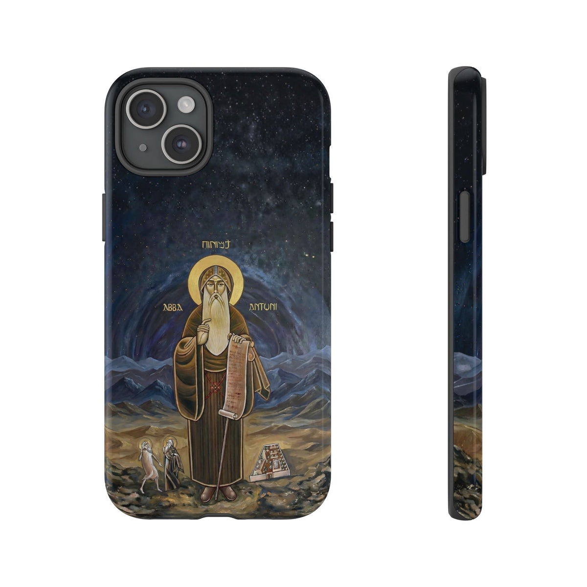 Christelijk telefoonhoesje Sint-Antonius de Grote donkerblauw mat