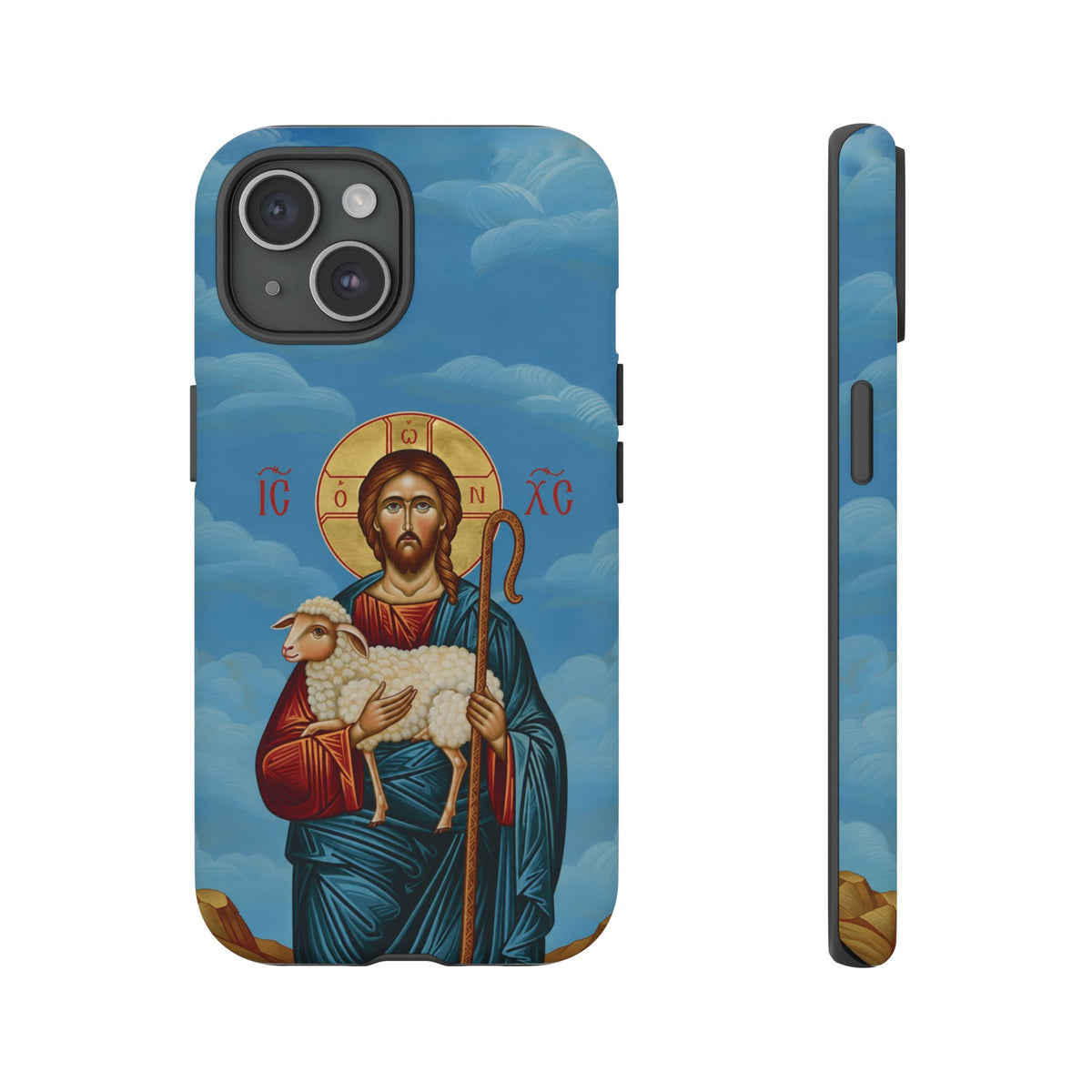 Christelijk telefoonhoesje De Goede Herder blauw mat