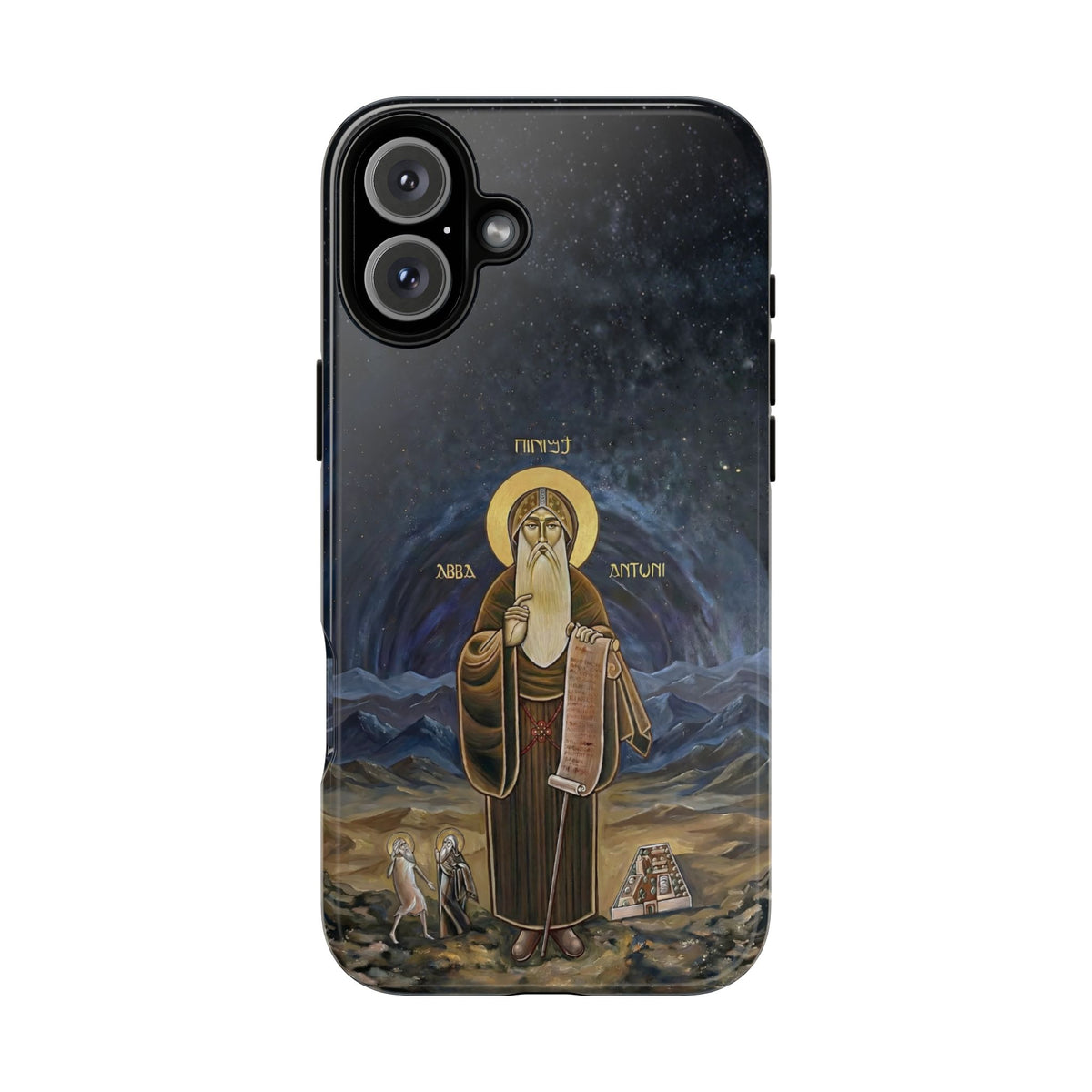 Christelijk telefoonhoesje Sint-Antonius de Grote donkerblauw mat