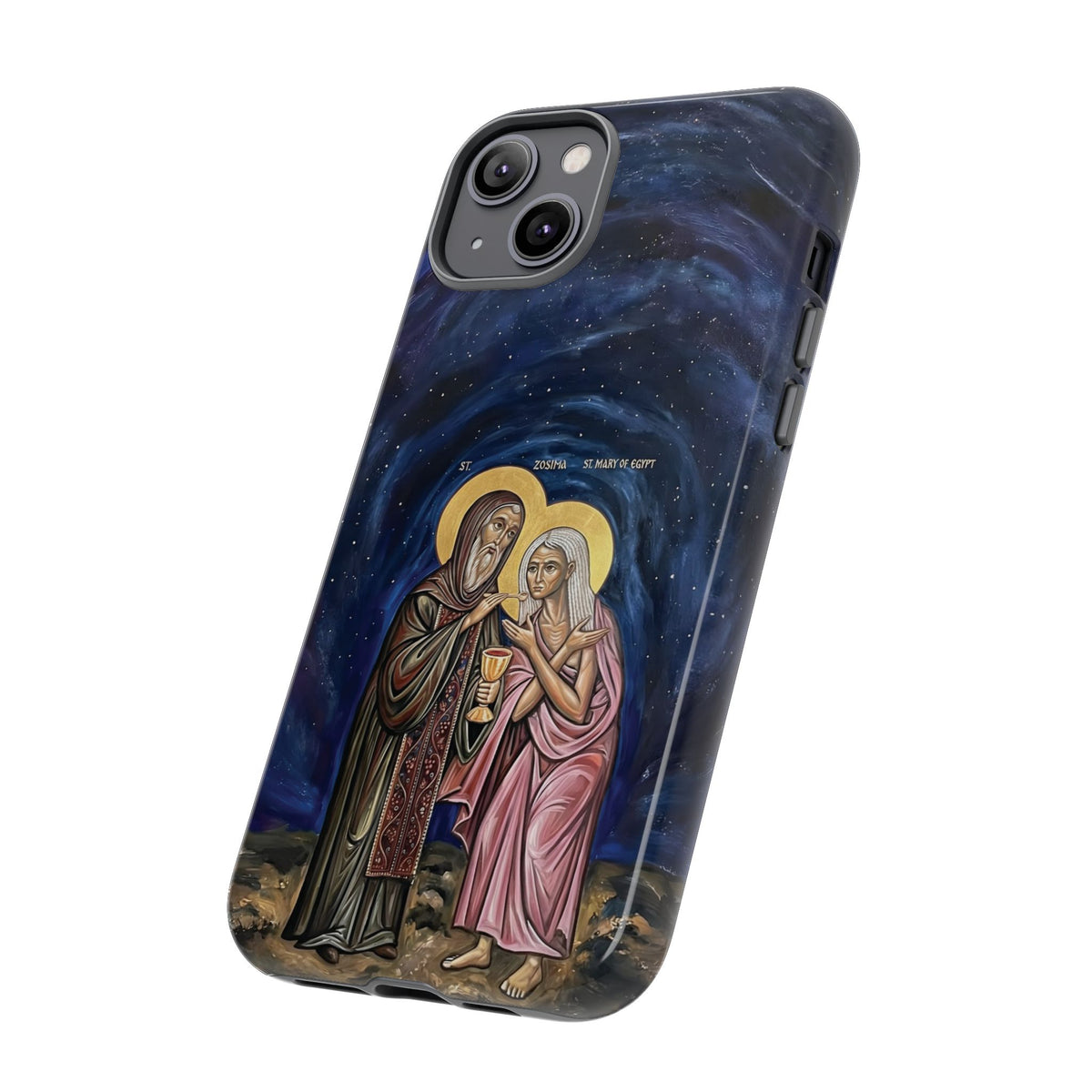 Christelijk telefoonhoesje Maria van Egypte en Sint-Zosimas donkerblauw mat