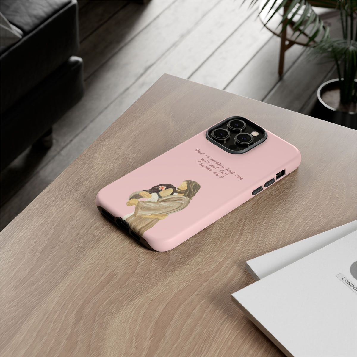 Christelijk telefoonhoesje God is in haar roze mat