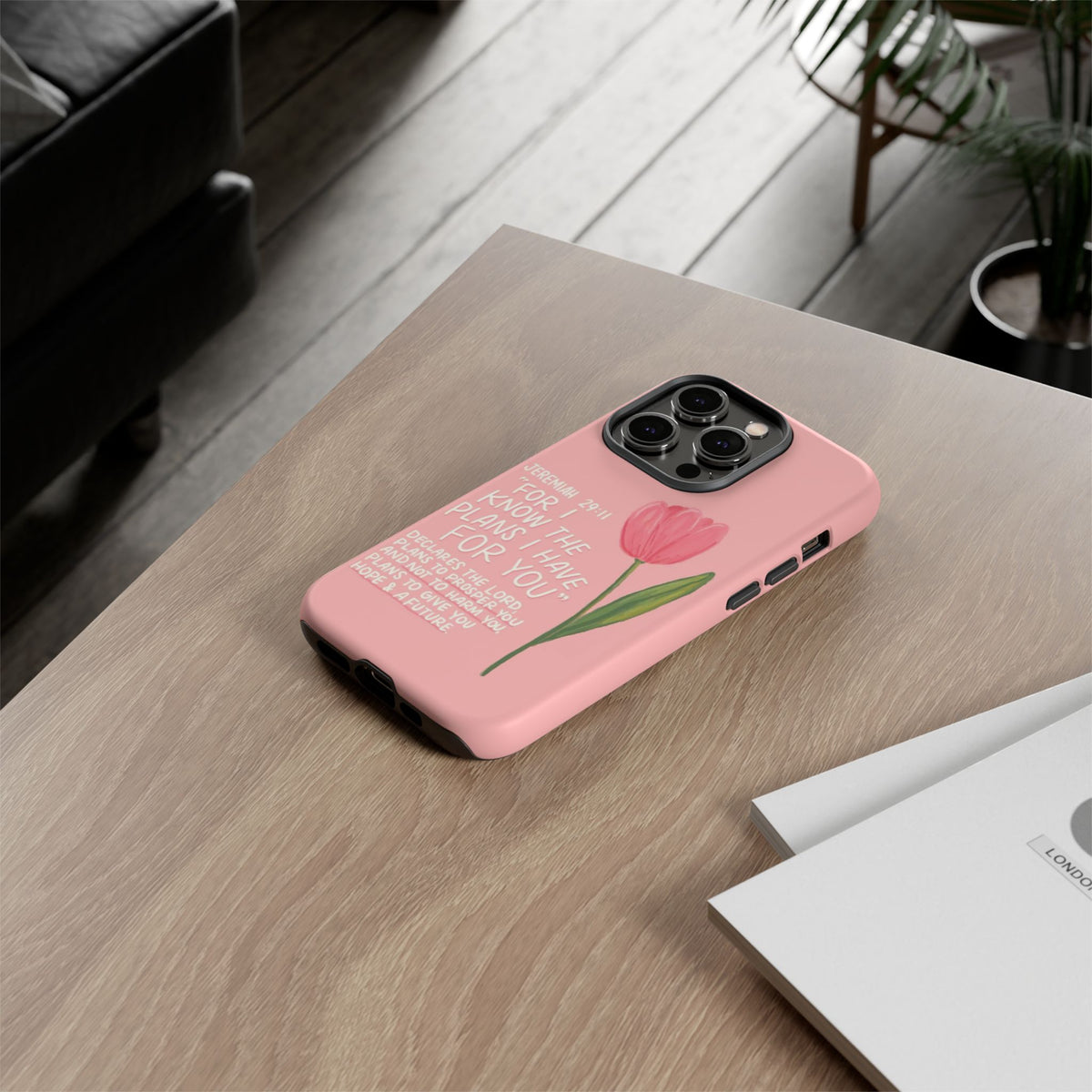 Christelijk telefoonhoesje Ik ken de plannen roze mat