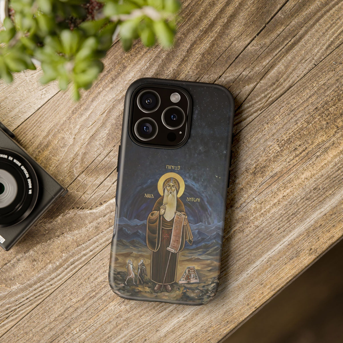 Christelijk telefoonhoesje Sint-Antonius de Grote donkerblauw mat