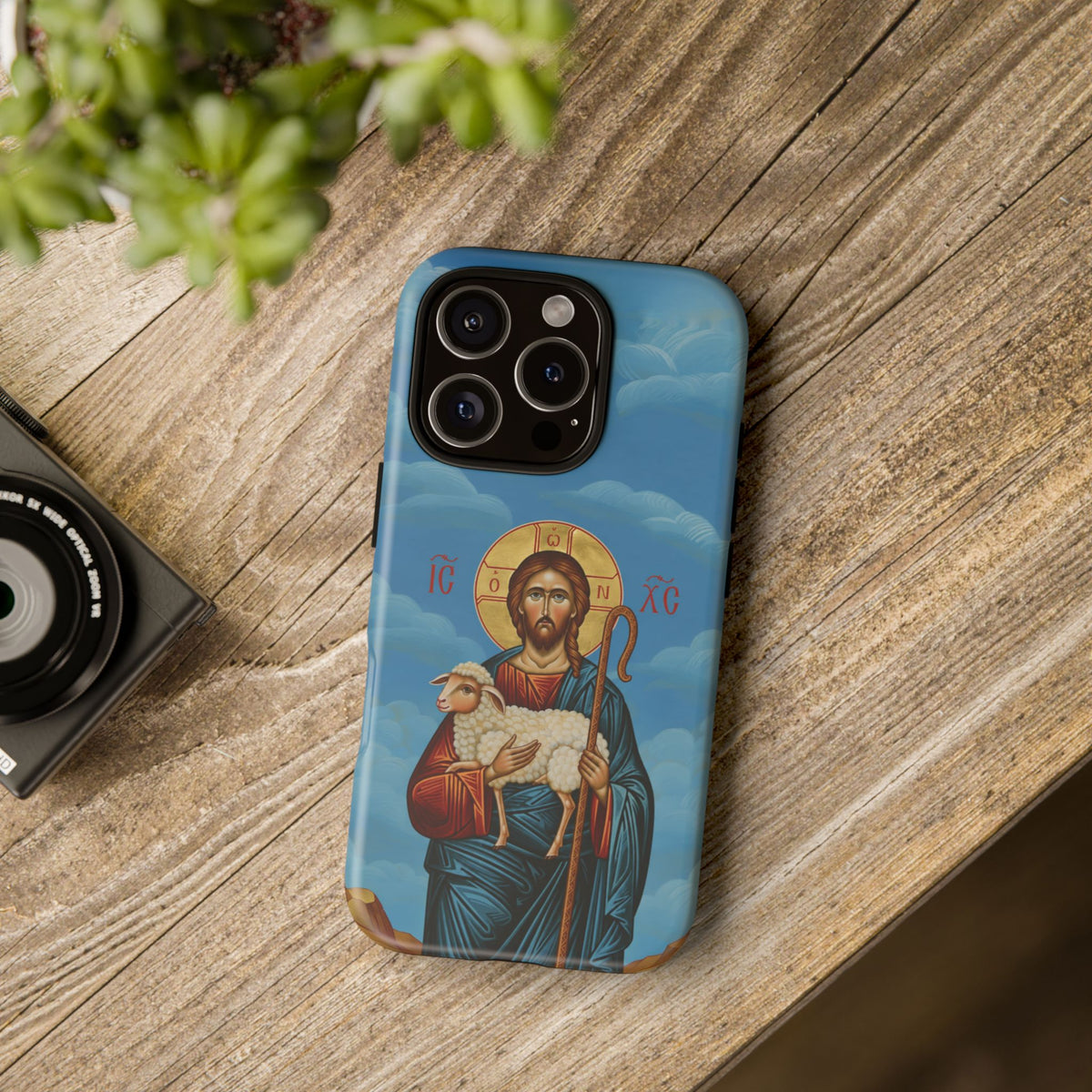 Christelijk telefoonhoesje De Goede Herder blauw mat