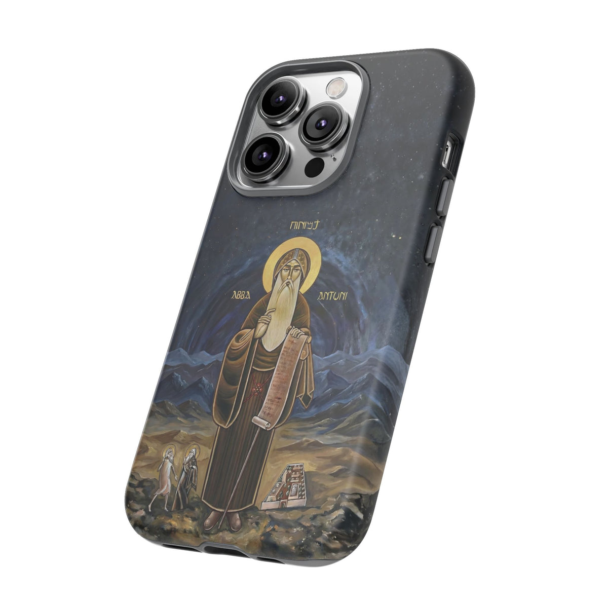 Christelijk telefoonhoesje Sint-Antonius de Grote donkerblauw mat