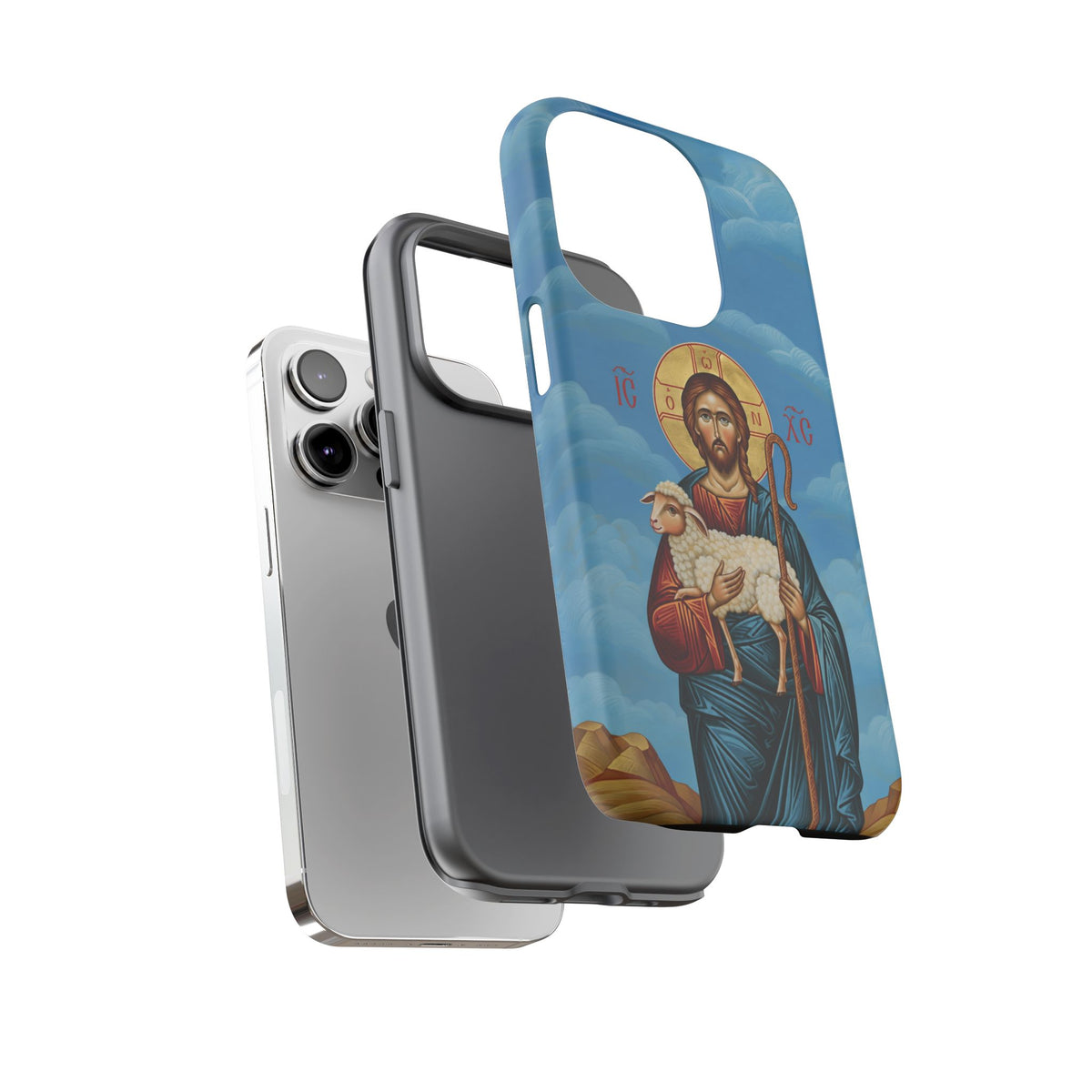 Christelijk telefoonhoesje De Goede Herder blauw mat