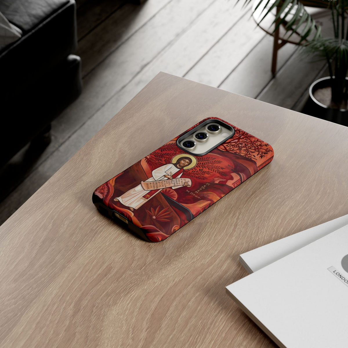 Christelijk telefoonhoesje Sint-Efrem de Syriër rood mat