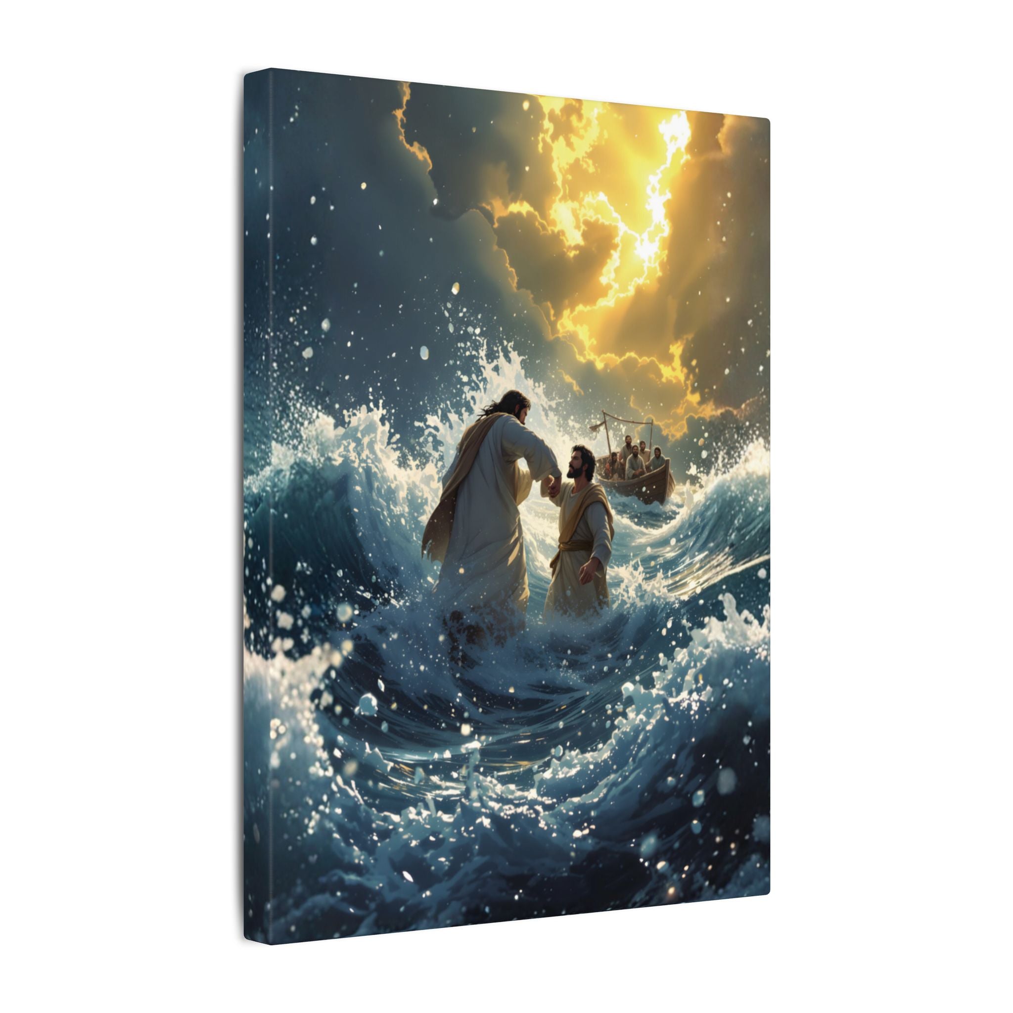 Jesus Holding Peter’s Hand Across the Storm' Matte Stretched Wall Art