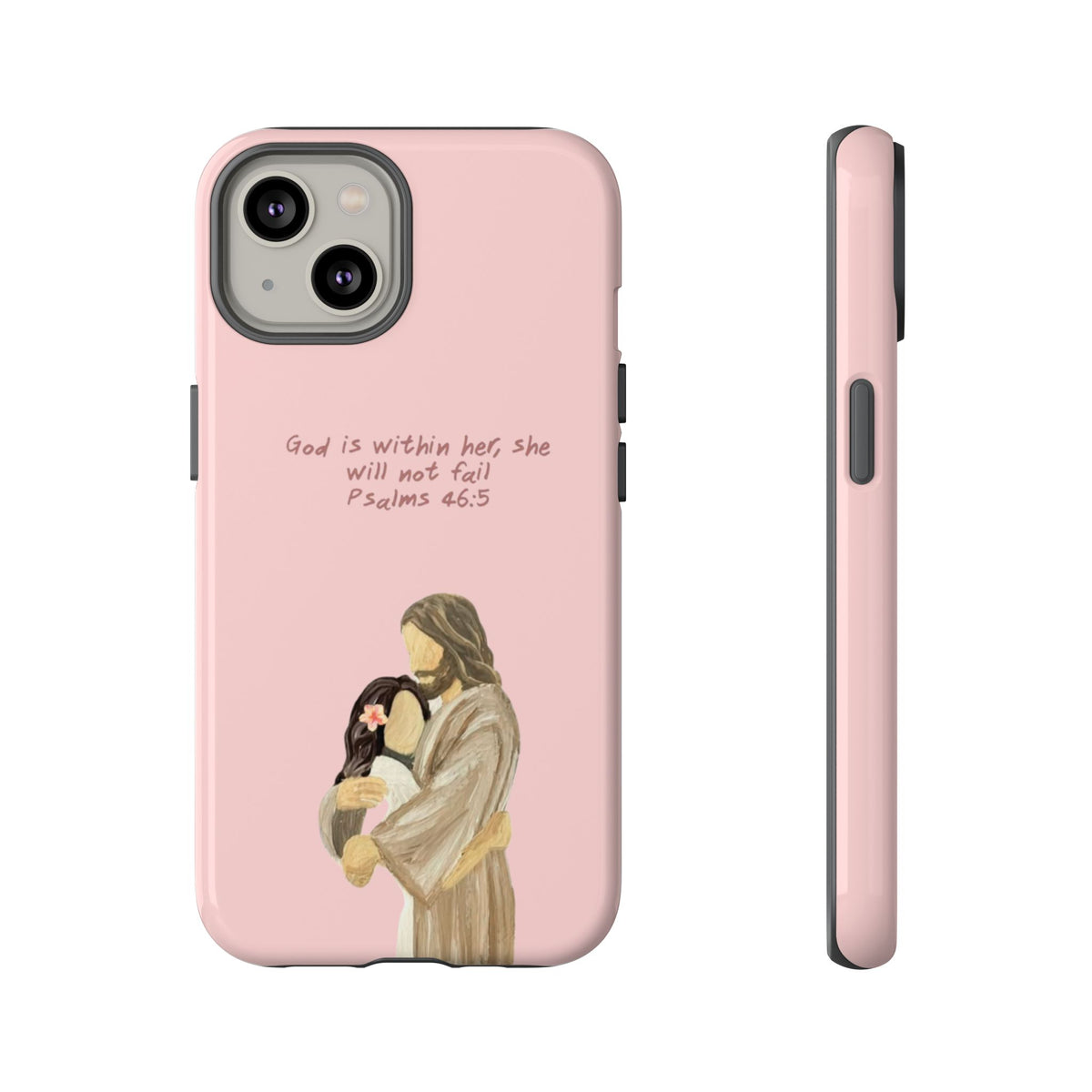 Christelijk telefoonhoesje God is in haar roze mat