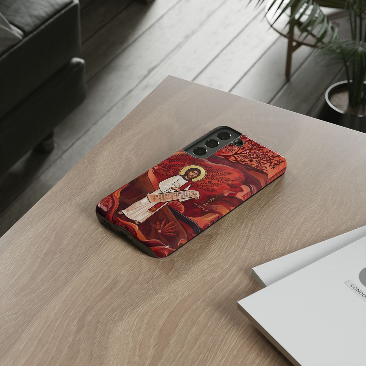 Christelijk telefoonhoesje Sint-Efrem de Syriër rood mat