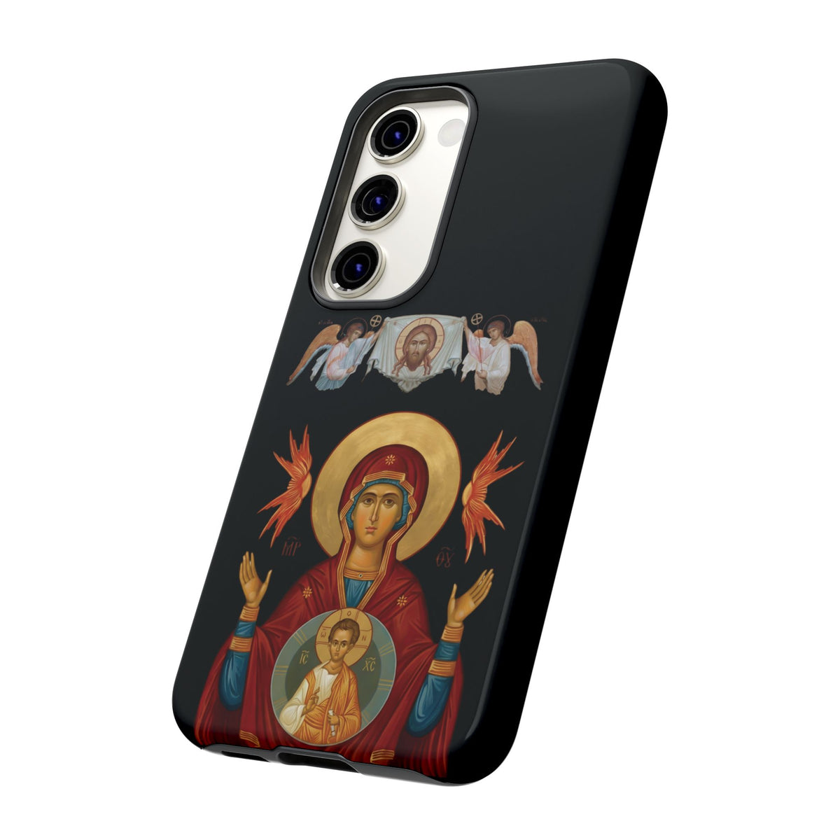 Christelijk telefoonhoesje De Heilige Maagd Maria zwart mat