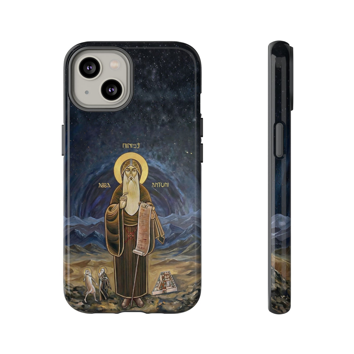 Christelijk telefoonhoesje Sint-Antonius de Grote donkerblauw mat