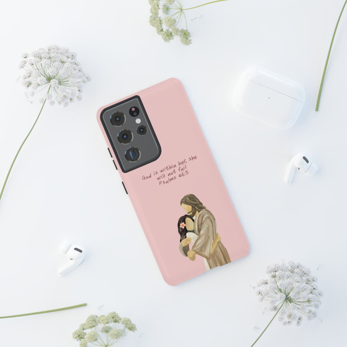 Christelijk telefoonhoesje God is in haar roze mat