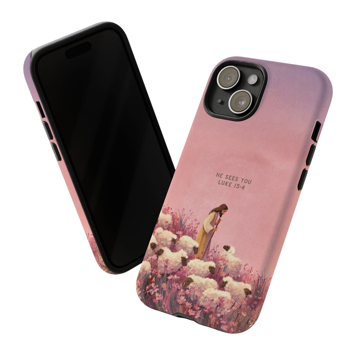 Christelijk telefoonhoesje Hij ziet jou roze mat