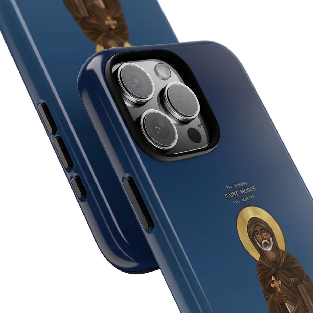 Christelijk telefoonhoesje Sint-Mozes de Sterke blauw mat