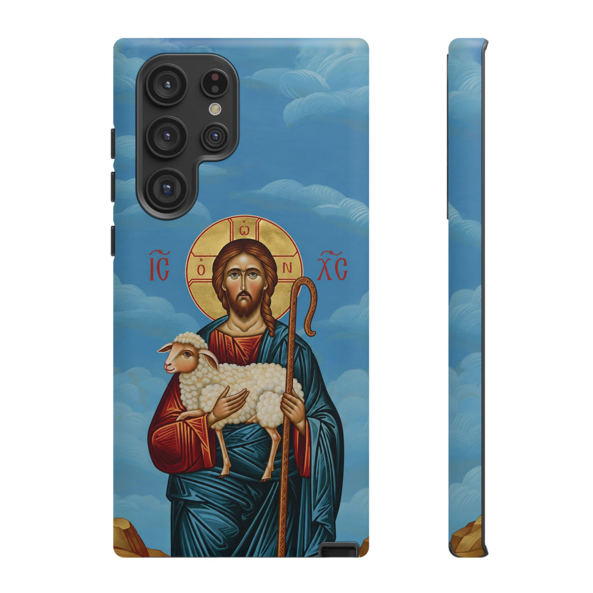 Christelijk telefoonhoesje De Goede Herder blauw mat