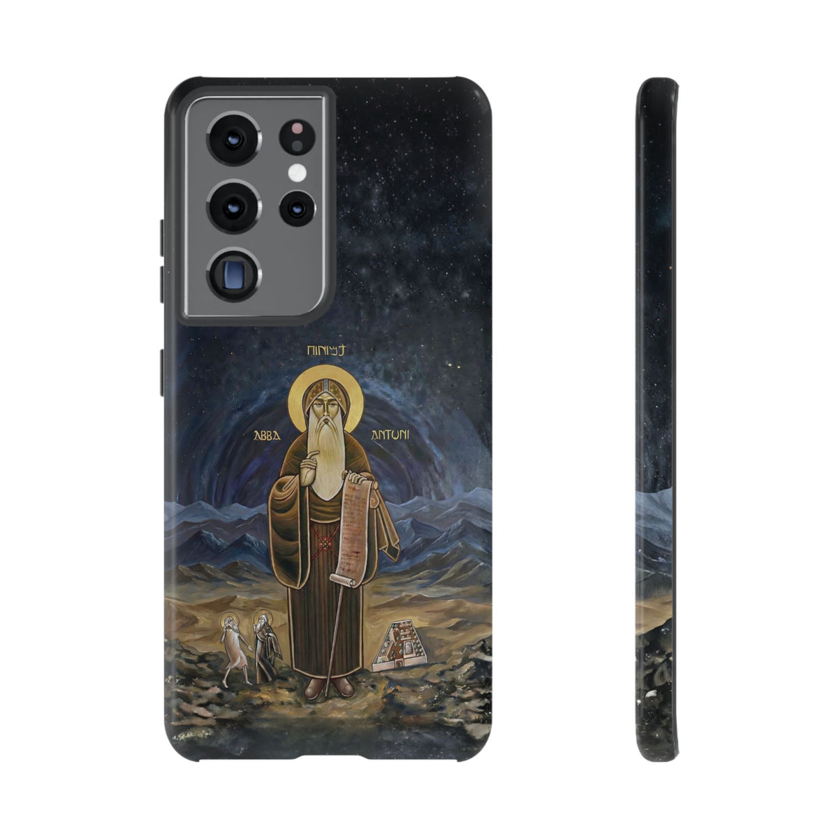 Christelijk telefoonhoesje Sint-Antonius de Grote donkerblauw mat