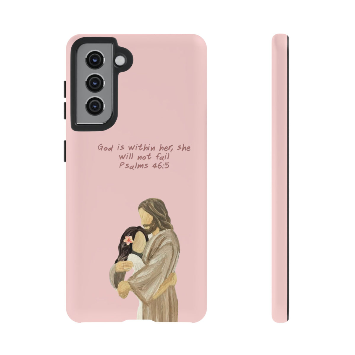 Christelijk telefoonhoesje God is in haar roze mat