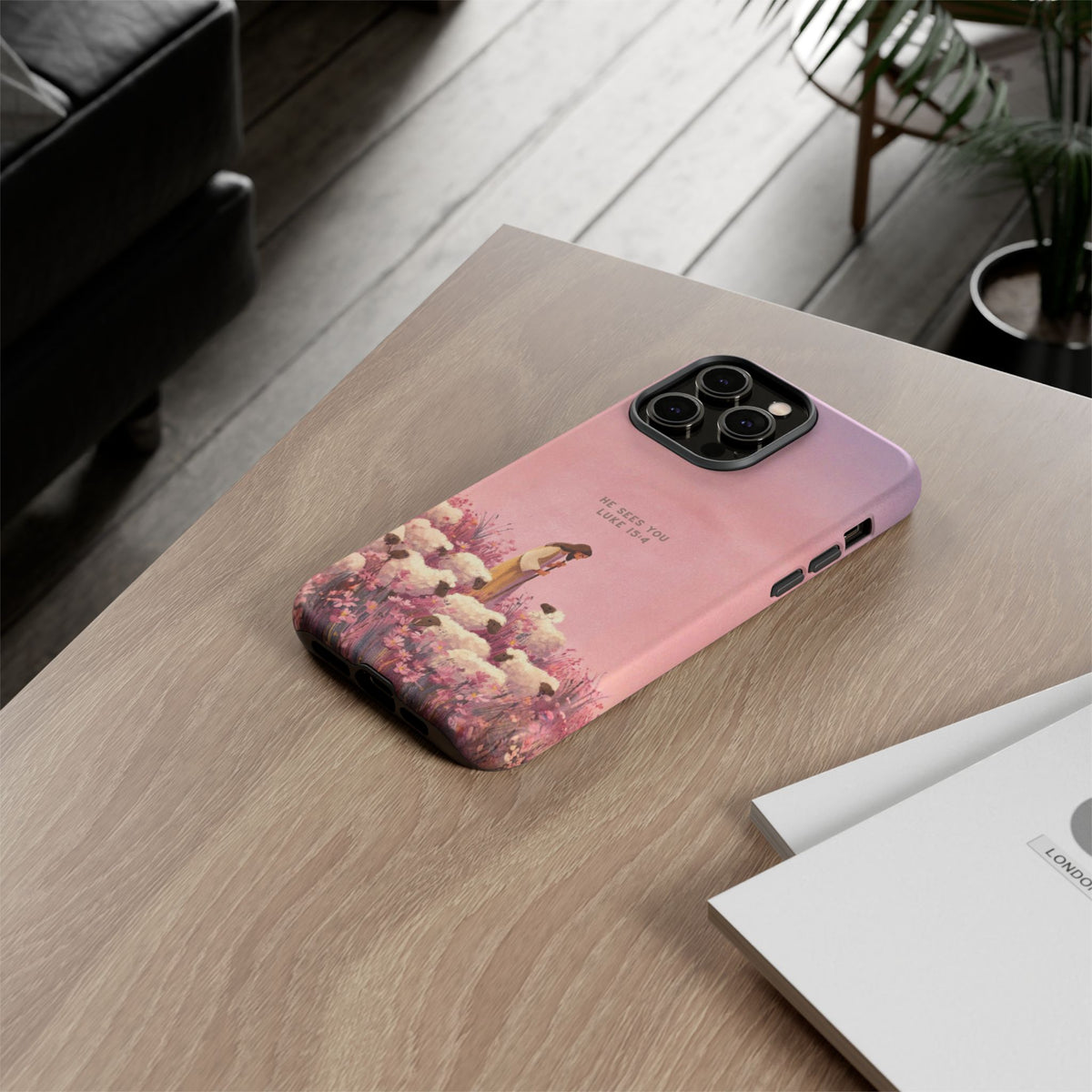 Christelijk telefoonhoesje Hij ziet jou roze mat