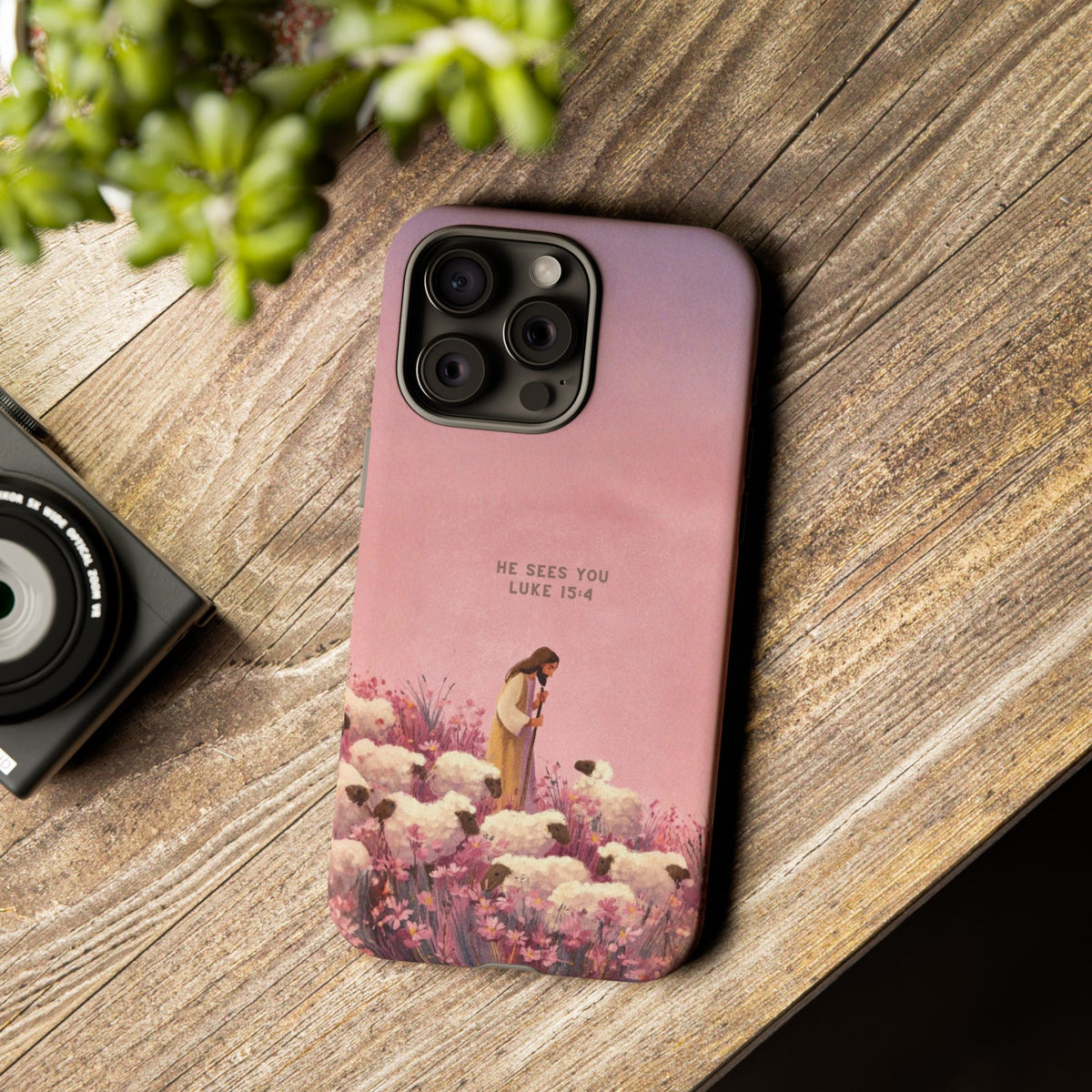 Christelijk telefoonhoesje Hij ziet jou roze mat