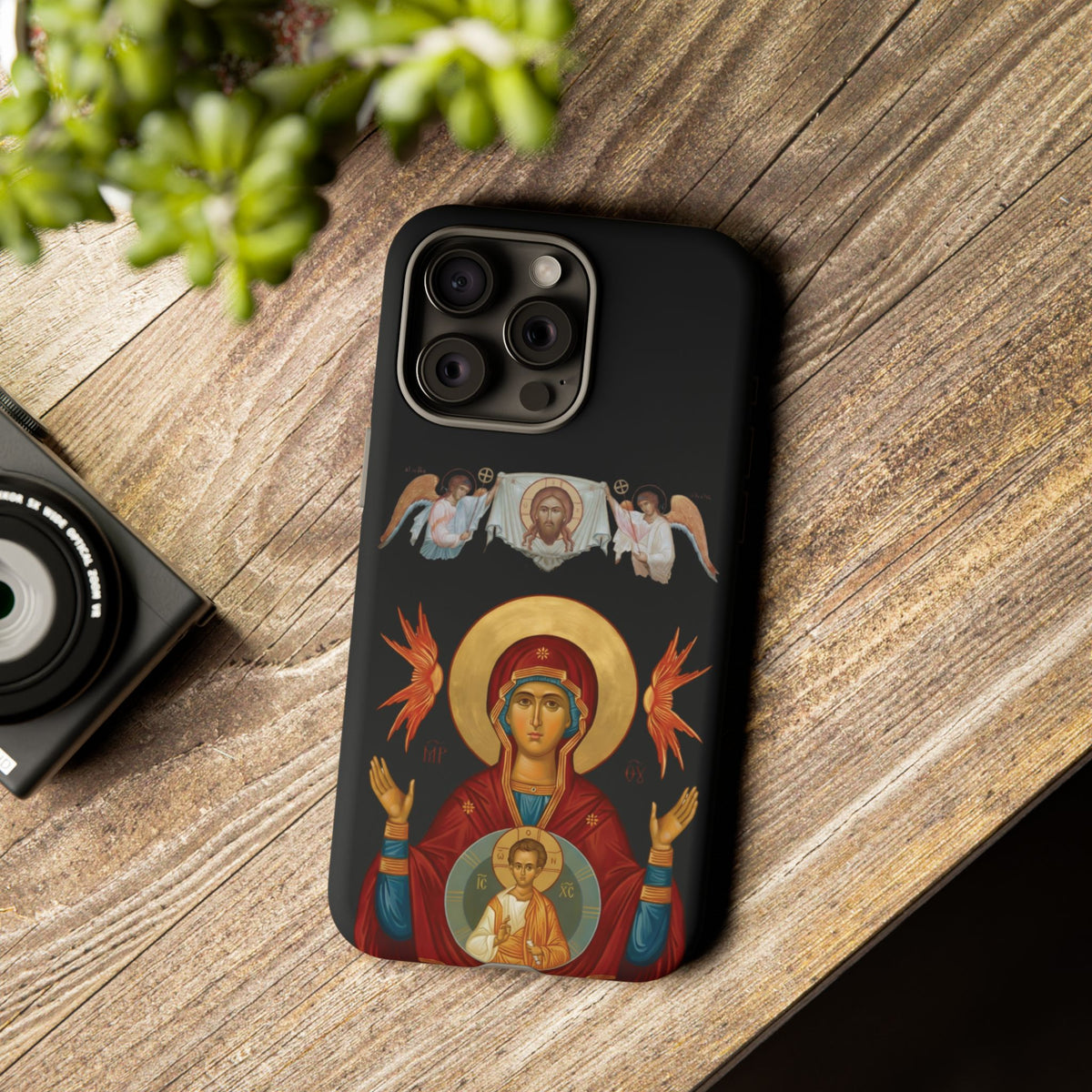 Christelijk telefoonhoesje De Heilige Maagd Maria zwart mat