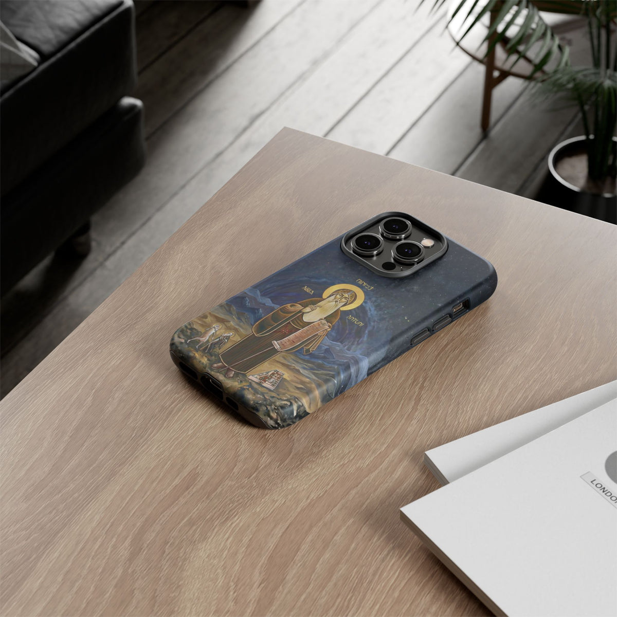 Christelijk telefoonhoesje Sint-Antonius de Grote donkerblauw mat