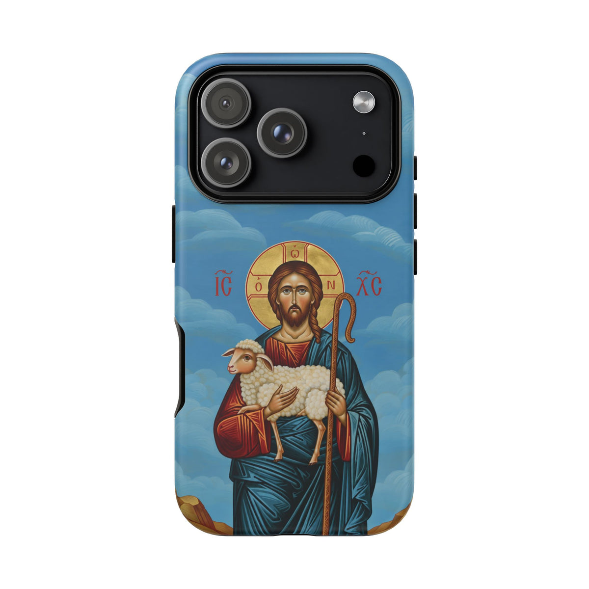 Christelijk telefoonhoesje De Goede Herder blauw mat