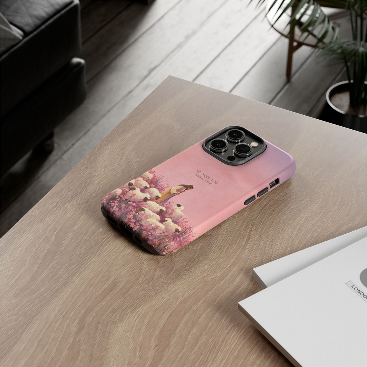 Christelijk telefoonhoesje Hij ziet jou roze mat