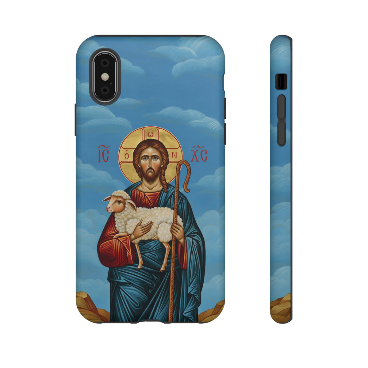 Christelijk telefoonhoesje De Goede Herder blauw mat