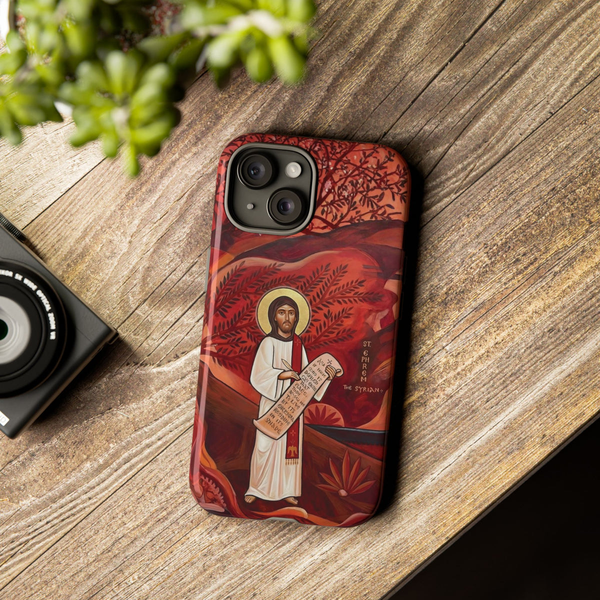 Christelijk telefoonhoesje Sint-Efrem de Syriër rood mat