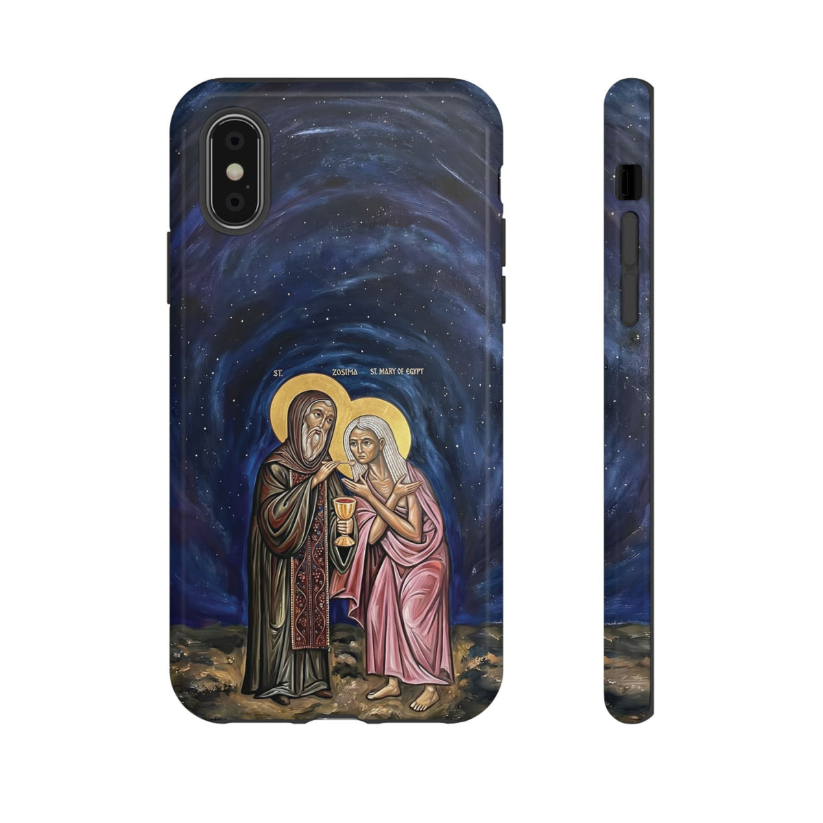 Christelijk telefoonhoesje Maria van Egypte en Sint-Zosimas donkerblauw mat