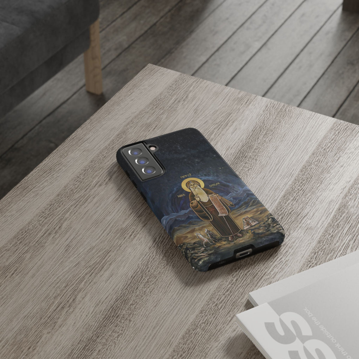 Christelijk telefoonhoesje Sint-Antonius de Grote donkerblauw mat