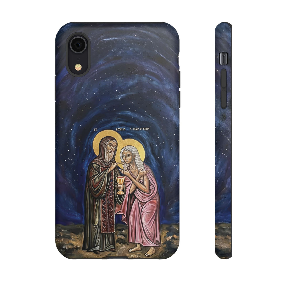 Christelijk telefoonhoesje Maria van Egypte en Sint-Zosimas donkerblauw mat